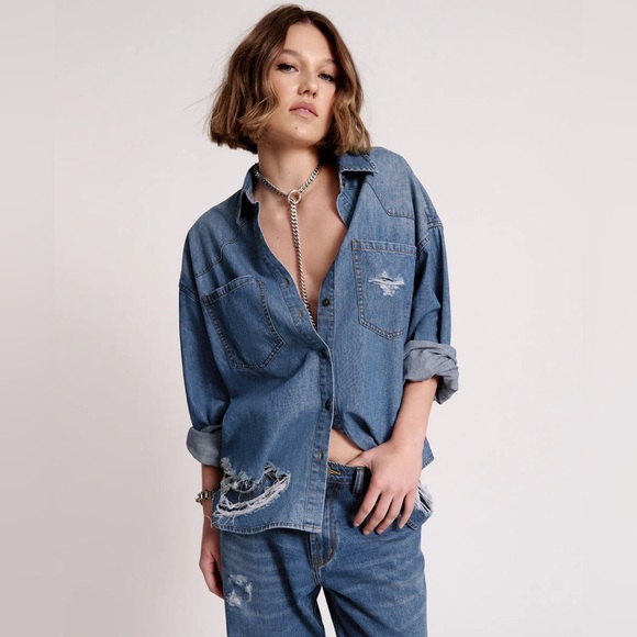 ONE TEASPOON Revolver Shirt S 25” p2p Bay Blue $149 retail NWT - Picture 1 of 9